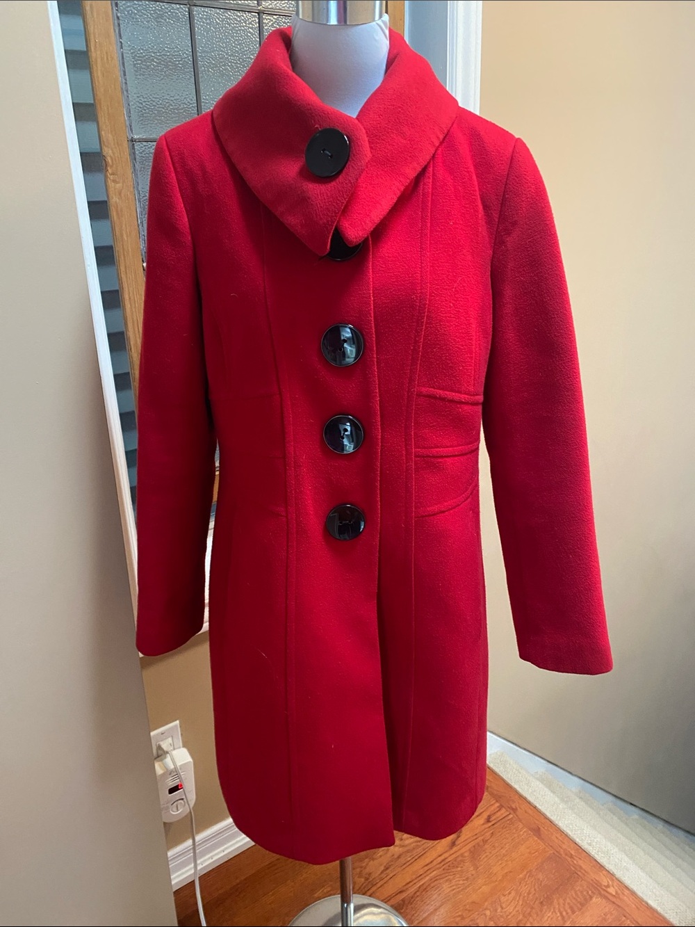 Classic Red Wool-Blend Pea Coat with Statement Buttons
